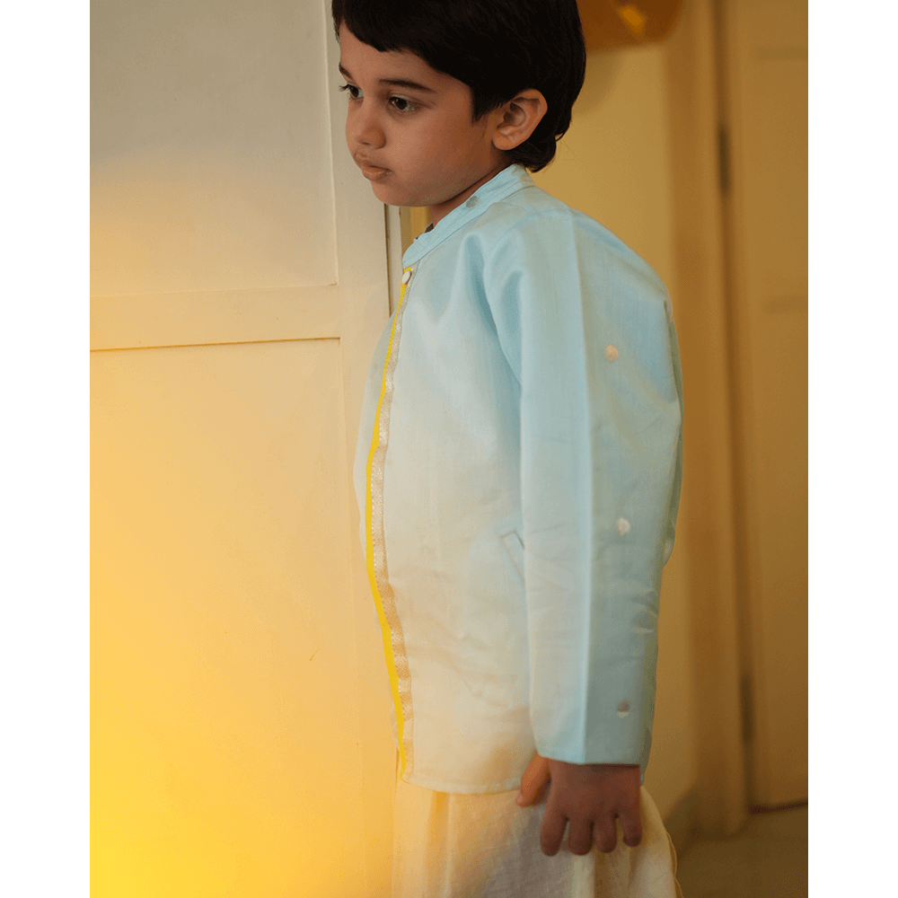 Love The World Today Poppy Chinese Collar Shirt Kurta - Light blue and Yellow
