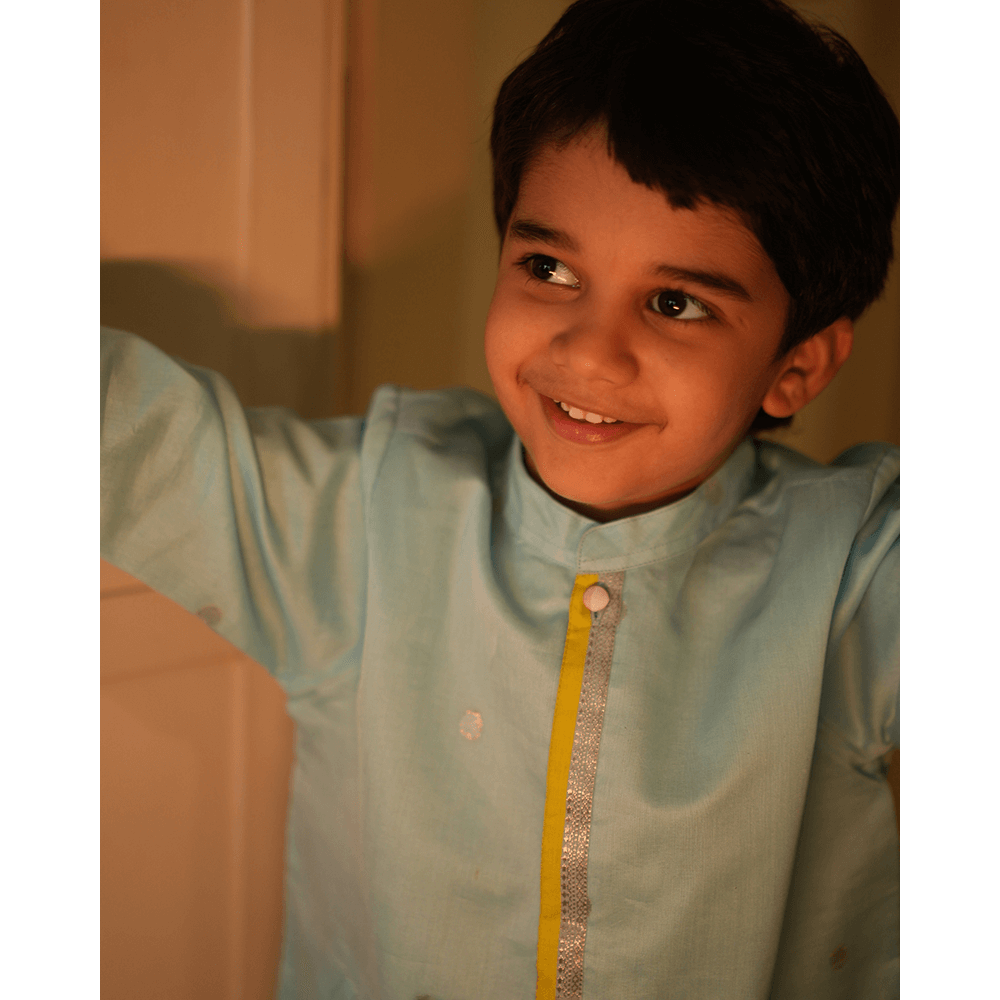 Love The World Today Poppy Chinese Collar Shirt Kurta - Light blue and Yellow