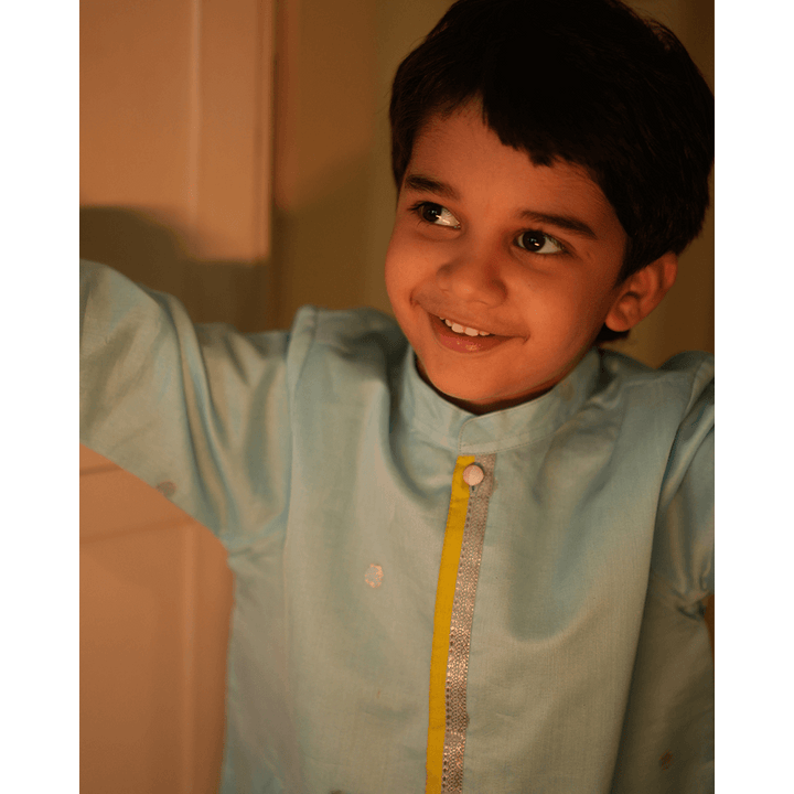 Love The World Today Poppy Chinese Collar Shirt Kurta - Light blue and Yellow