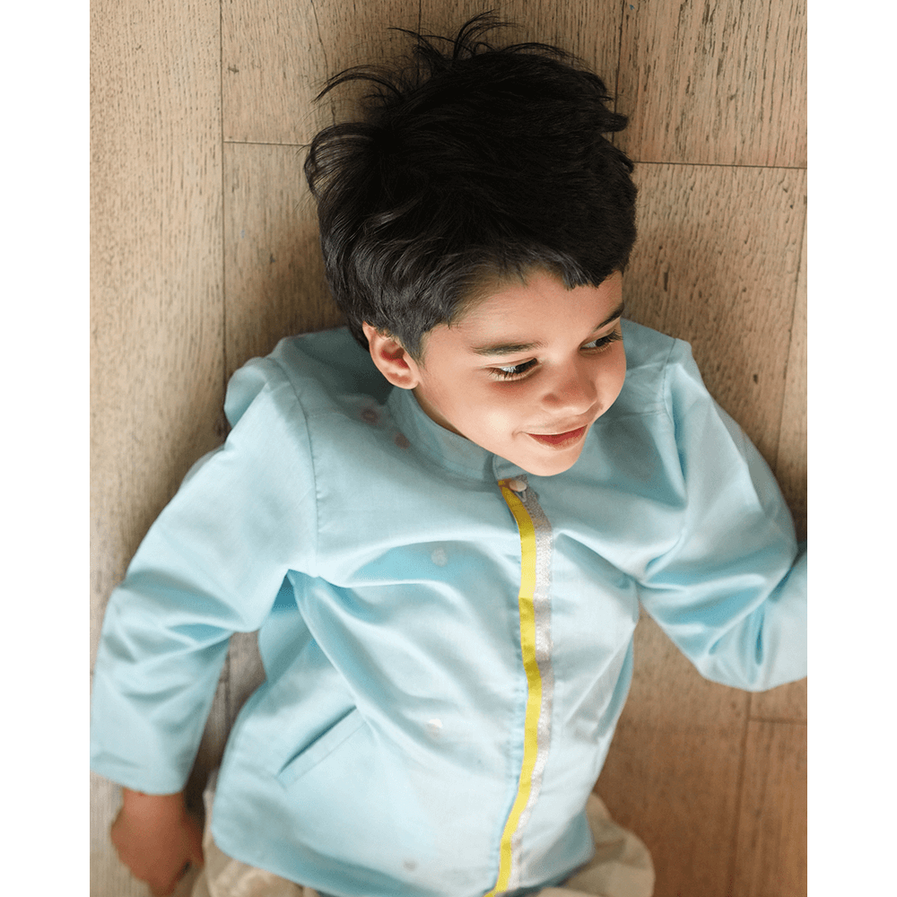 Love The World Today Poppy Chinese Collar Shirt Kurta - Light blue and Yellow