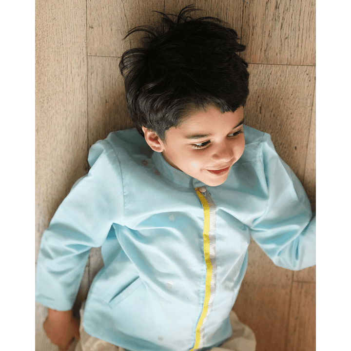 Love The World Today Poppy Chinese Collar Shirt Kurta - Light blue and Yellow