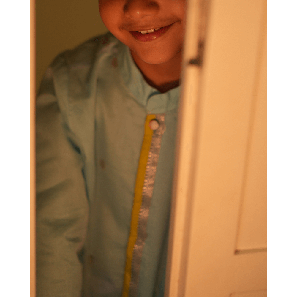 Love The World Today Poppy Chinese Collar Shirt Kurta - Light blue and Yellow