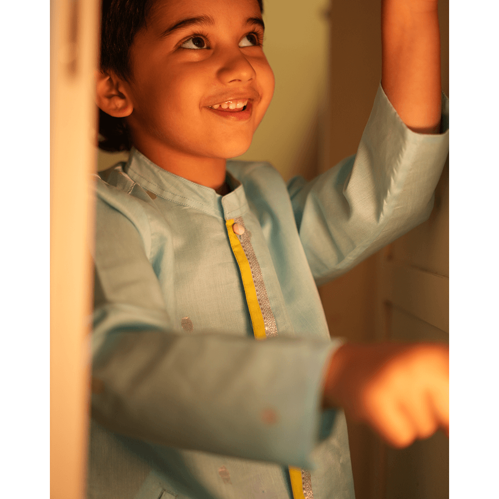Love The World Today Poppy Chinese Collar Shirt Kurta - Light blue and Yellow