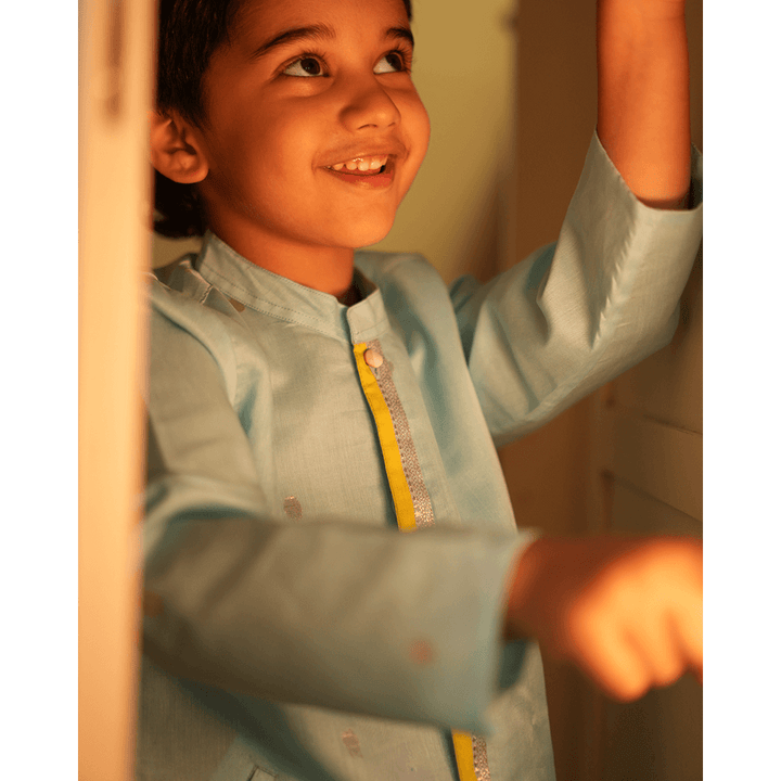 Love The World Today Poppy Chinese Collar Shirt Kurta - Light blue and Yellow