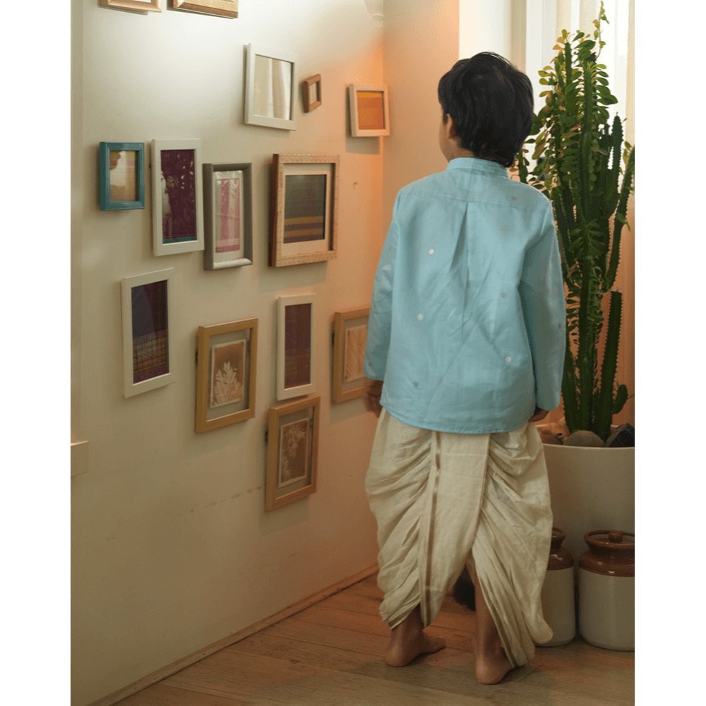 Love The World Today Poppy Chinese Collar Shirt Kurta - Light blue and Yellow