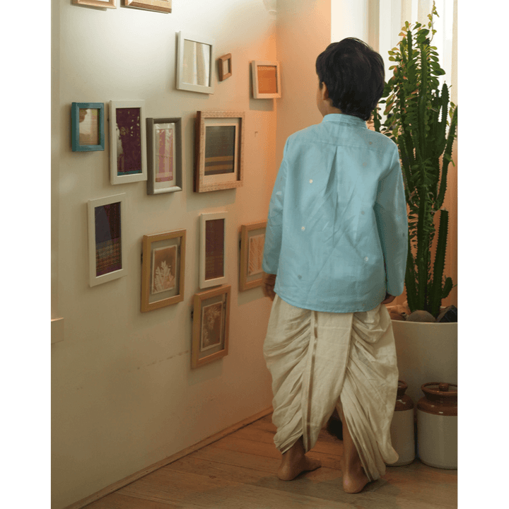 Love The World Today Poppy Chinese Collar Shirt Kurta - Light blue and Yellow