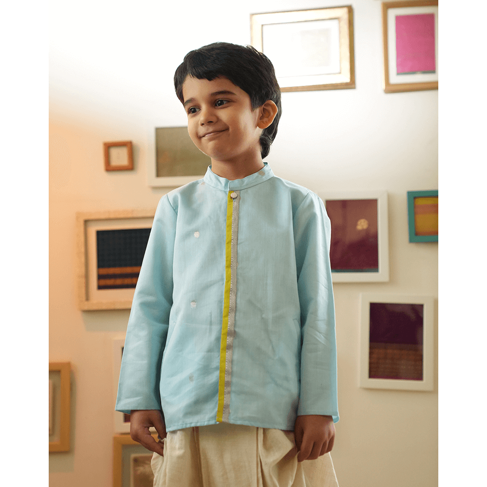 Love The World Today Poppy Chinese Collar Shirt Kurta - Light blue and Yellow
