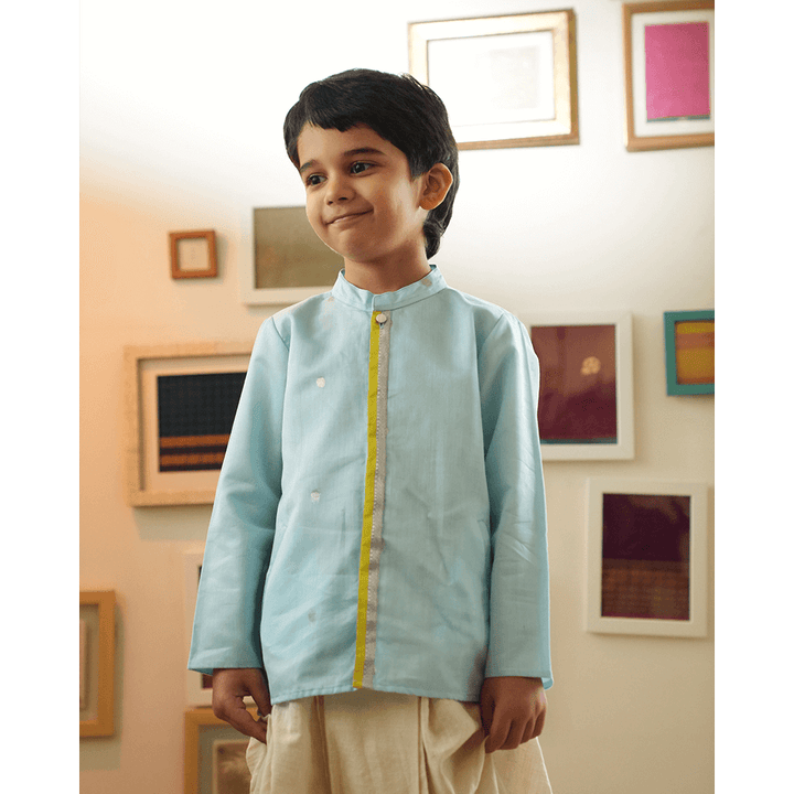 Love The World Today Poppy Chinese Collar Shirt Kurta - Light blue and Yellow