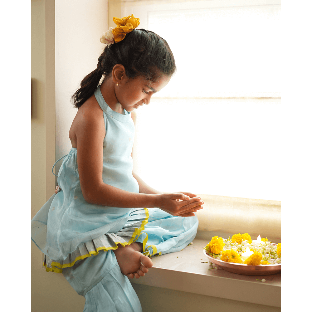 Love The World Today Poppy Sharara Kurta Set - Light Blue &amp; Yellow