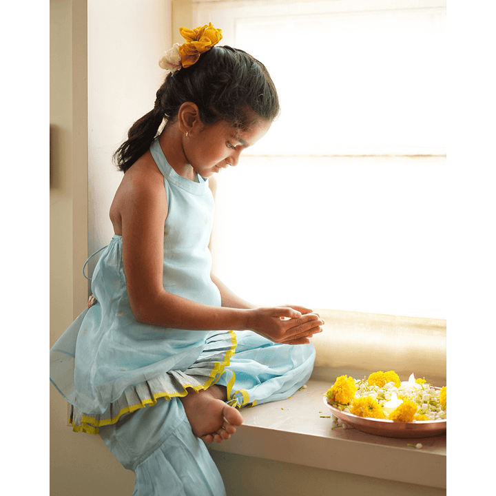 Love The World Today Poppy Sharara Kurta Set - Light Blue &amp; Yellow