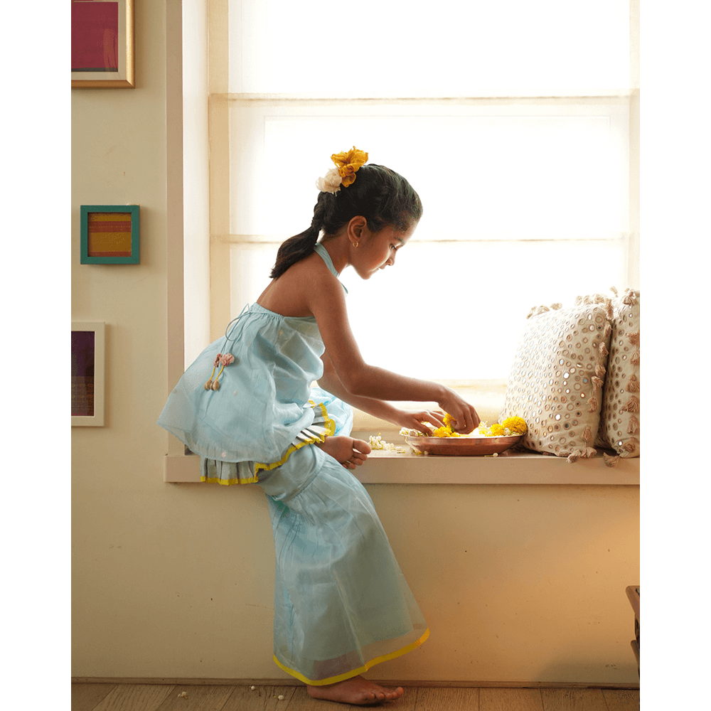 Love The World Today Poppy Sharara Kurta Set - Light Blue &amp; Yellow