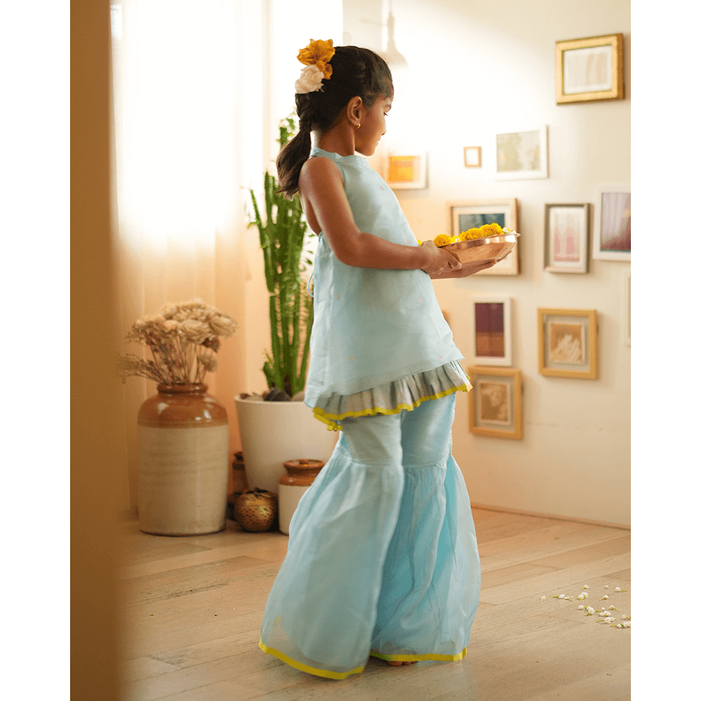 Love The World Today Poppy Sharara Kurta Set - Light Blue &amp; Yellow