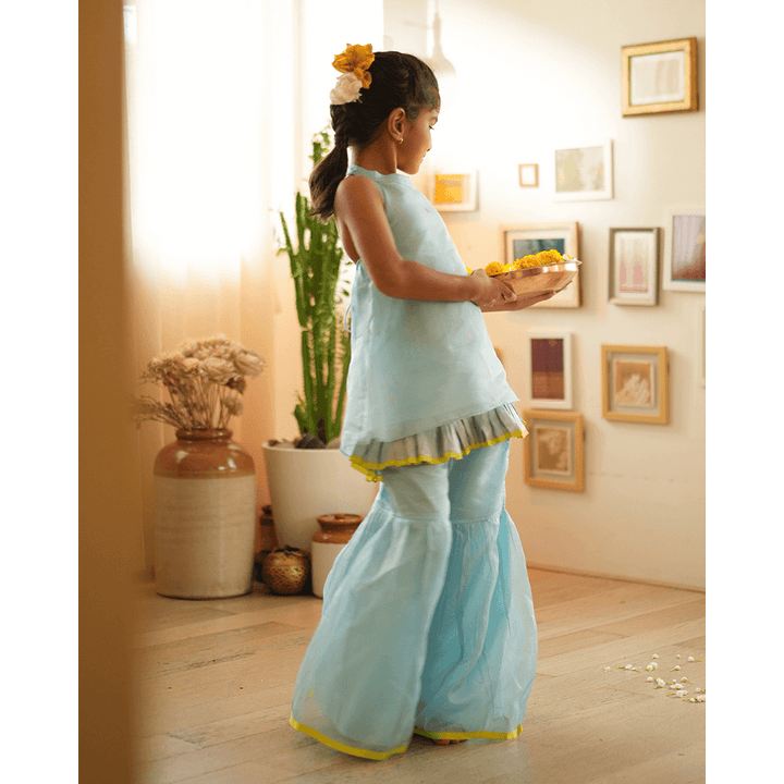 Love The World Today Poppy Sharara Kurta Set - Light Blue &amp; Yellow