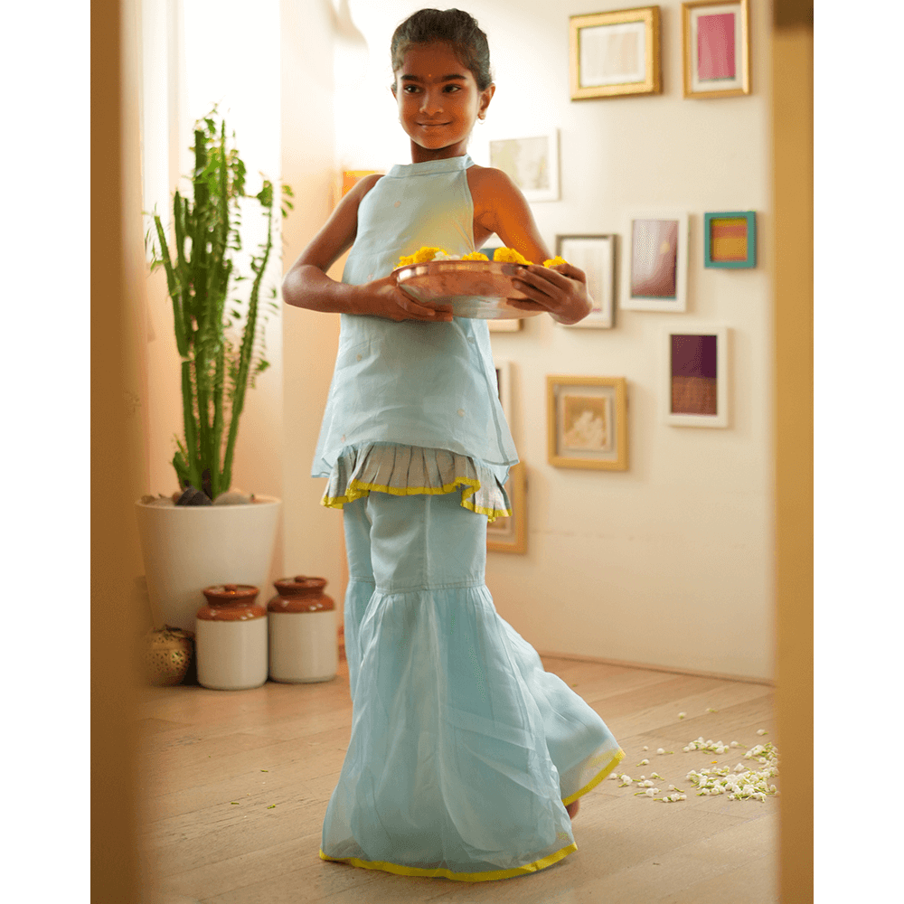 Love The World Today Poppy Sharara Kurta Set - Light Blue &amp; Yellow