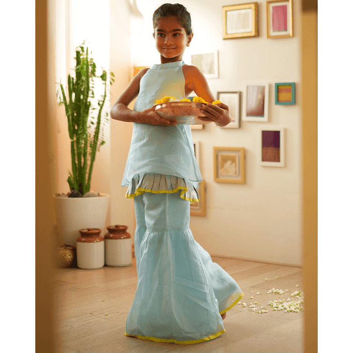 Love The World Today Poppy Sharara Kurta Set - Light Blue &amp; Yellow