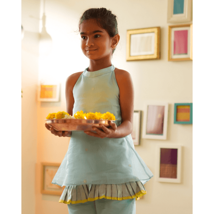 Love The World Today Poppy Sharara Kurta Set - Light Blue &amp; Yellow