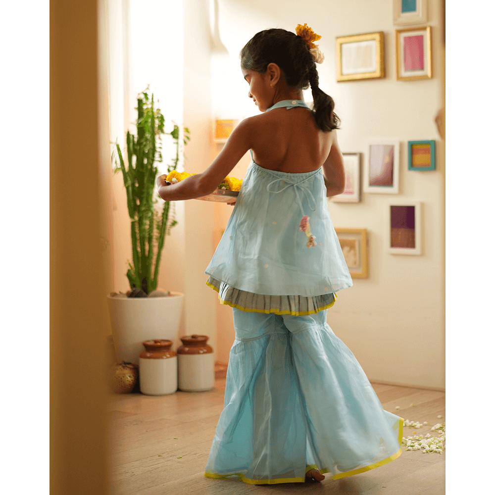 Love The World Today Poppy Sharara Kurta Set - Light Blue &amp; Yellow