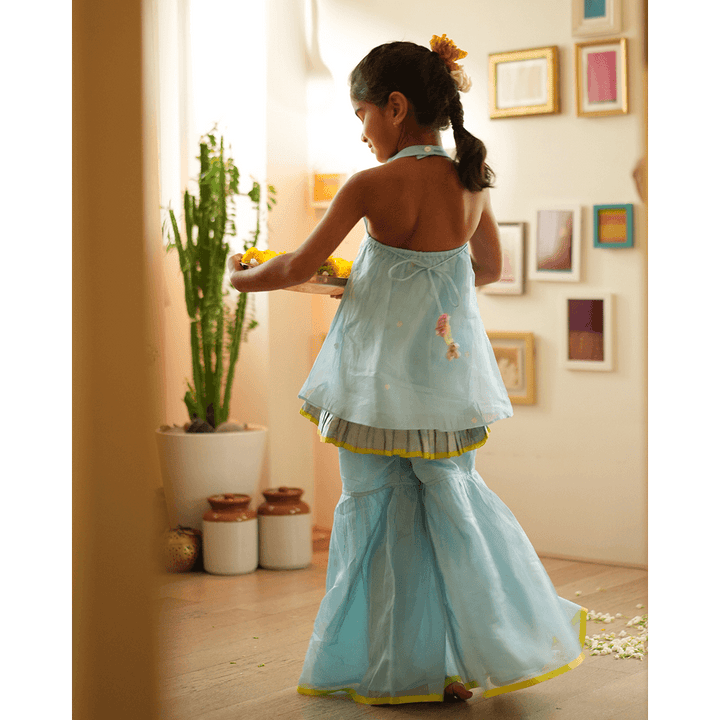Love The World Today Poppy Sharara Kurta Set - Light Blue &amp; Yellow