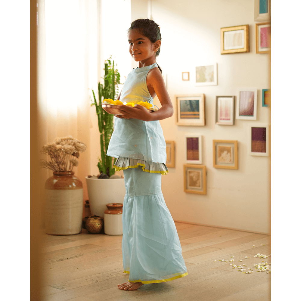 Love The World Today Poppy Sharara Kurta Set - Light Blue &amp; Yellow