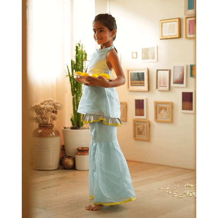 Love The World Today Poppy Sharara Kurta Set - Light Blue &amp; Yellow