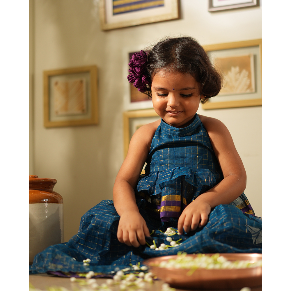 Love The World Today Aparajita Lehenga Set - Blue Gold Checks
