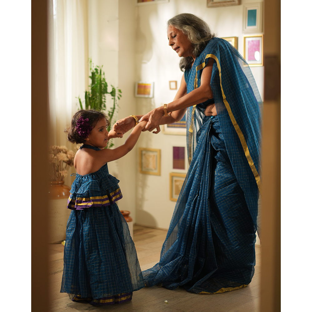 Love The World Today Aparajita Lehenga Set - Blue Gold Checks