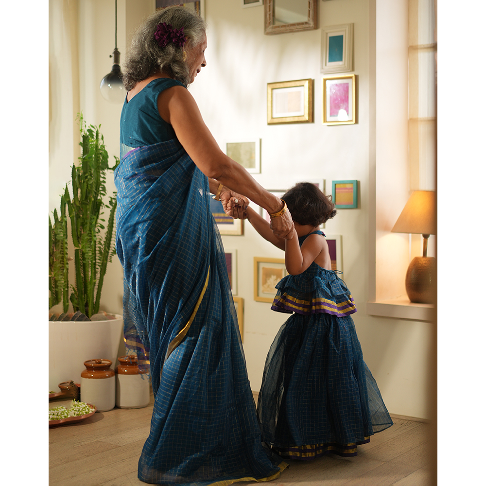 Love The World Today Aparajita Lehenga Set - Blue Gold Checks