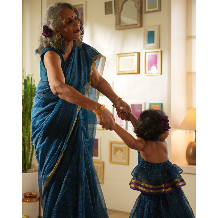Love The World Today Aparajita Lehenga Set - Blue Gold Checks