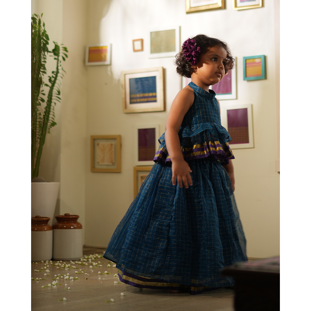 Love The World Today Aparajita Lehenga Set - Blue Gold Checks