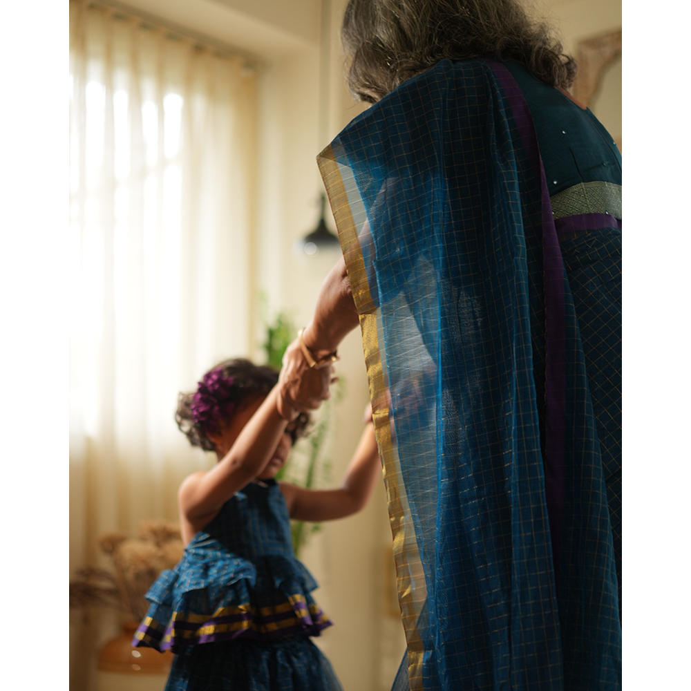 Love The World Today Aparajita Lehenga Set - Blue Gold Checks