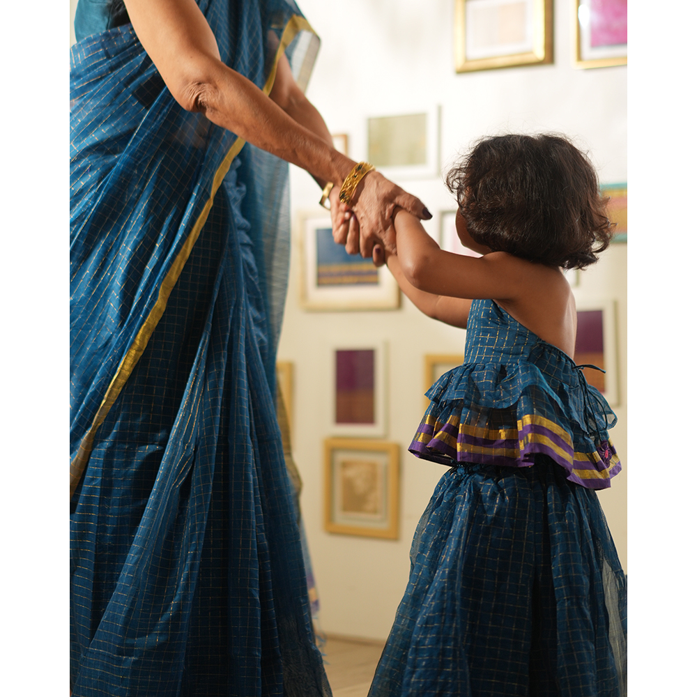 Love The World Today Aparajita Lehenga Set - Blue Gold Checks