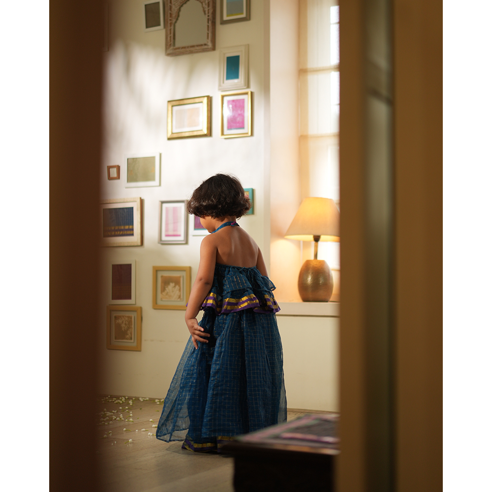 Love The World Today Aparajita Lehenga Set - Blue Gold Checks