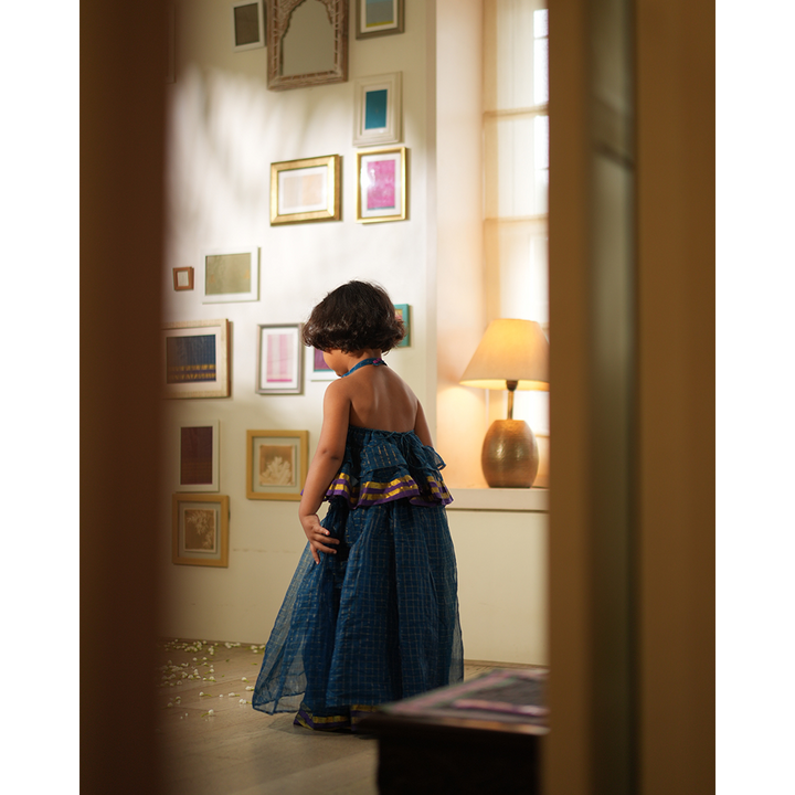 Love The World Today Aparajita Lehenga Set - Blue Gold Checks