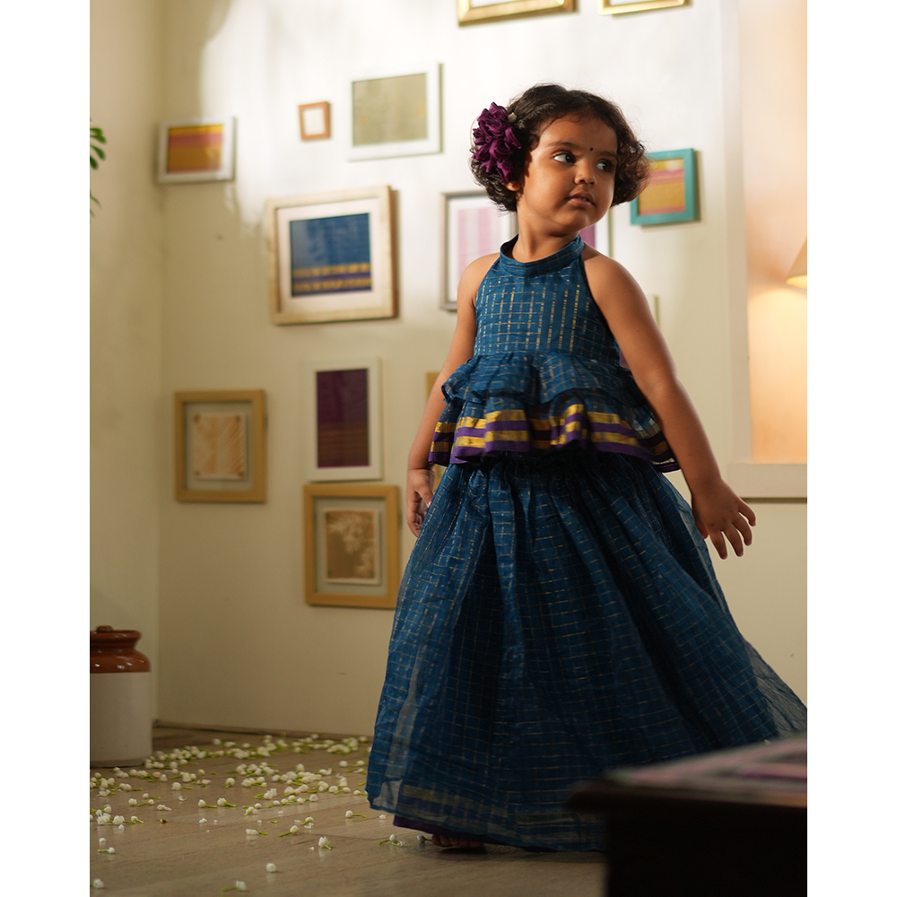 Love The World Today Aparajita Lehenga Set - Blue Gold Checks