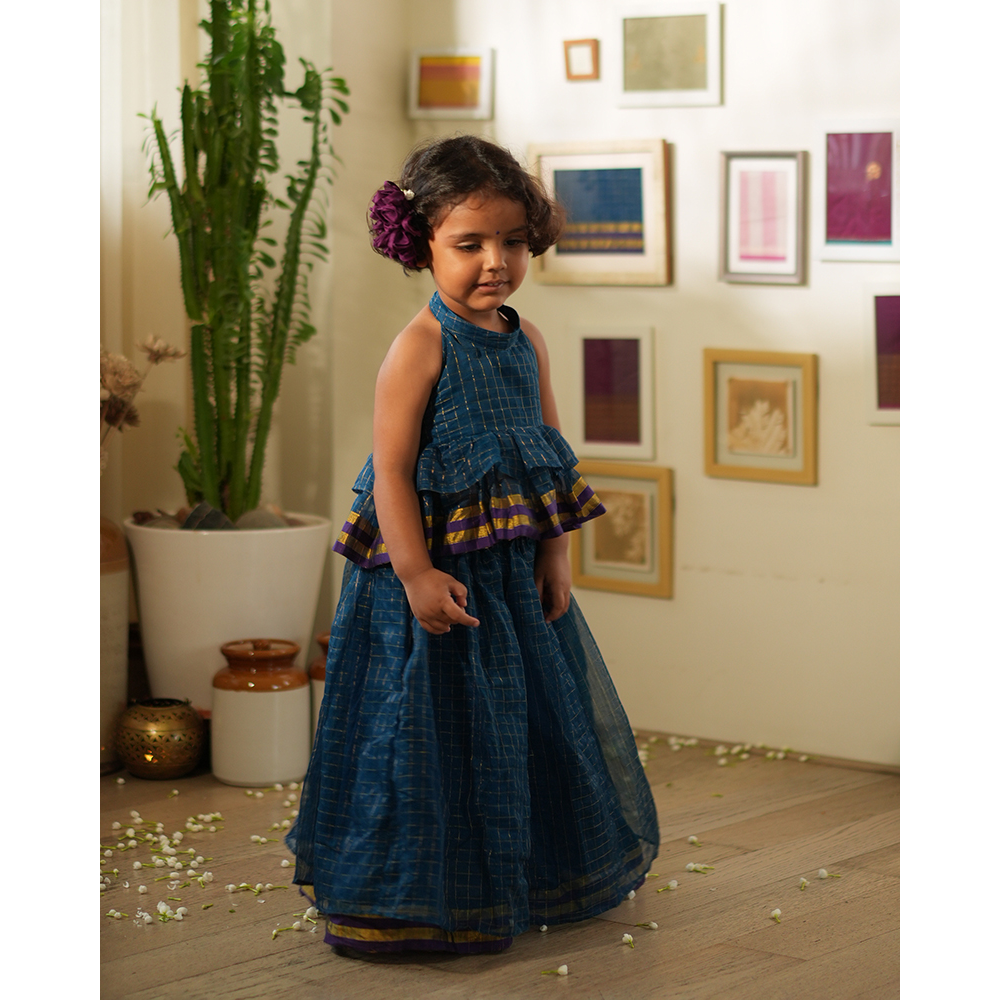 Love The World Today Aparajita Lehenga Set - Blue Gold Checks