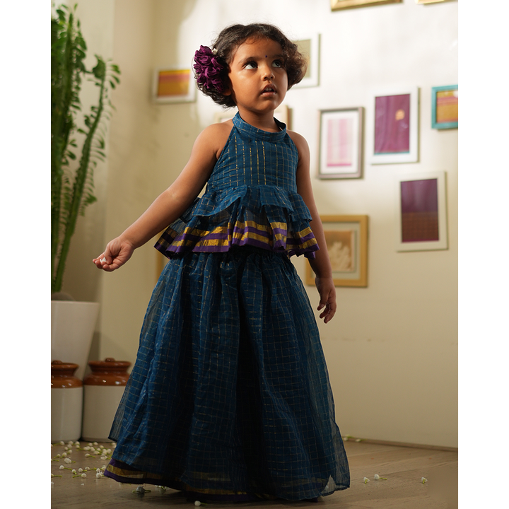 Love The World Today Aparajita Lehenga Set - Blue Gold Checks