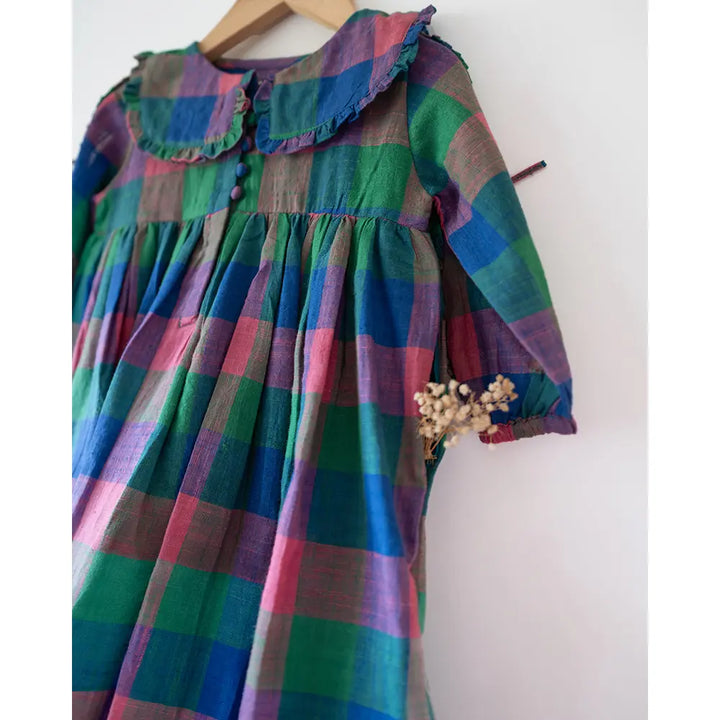 Love The World Today Spring Up Peter Pan Collar Dress In Handwoven Multi-Color Checks