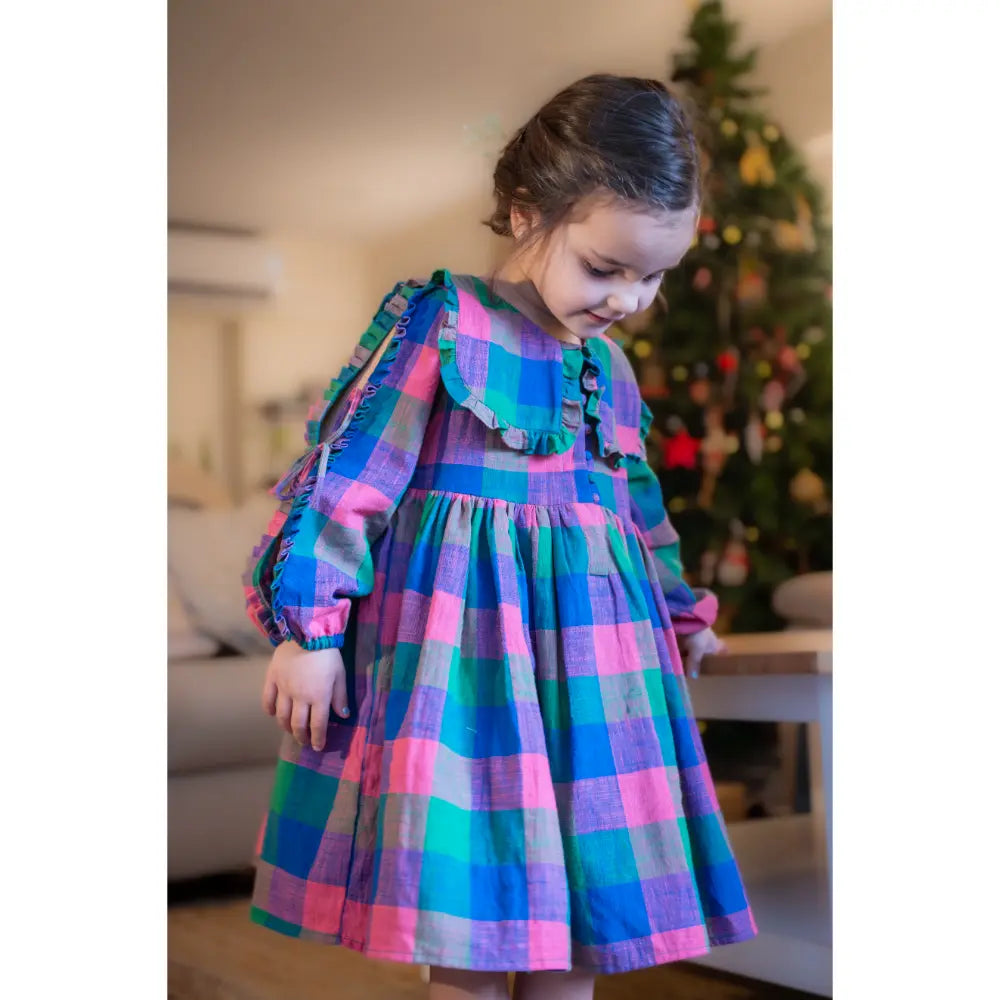 Love The World Today Spring Up Peter Pan Collar Dress In Handwoven Multi-Color Checks