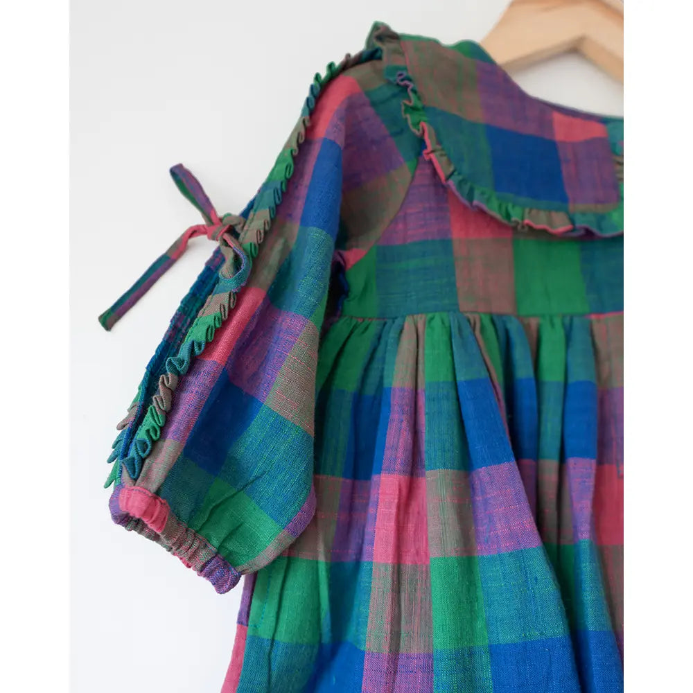 Love The World Today Spring Up Peter Pan Collar Dress In Handwoven Multi-Color Checks