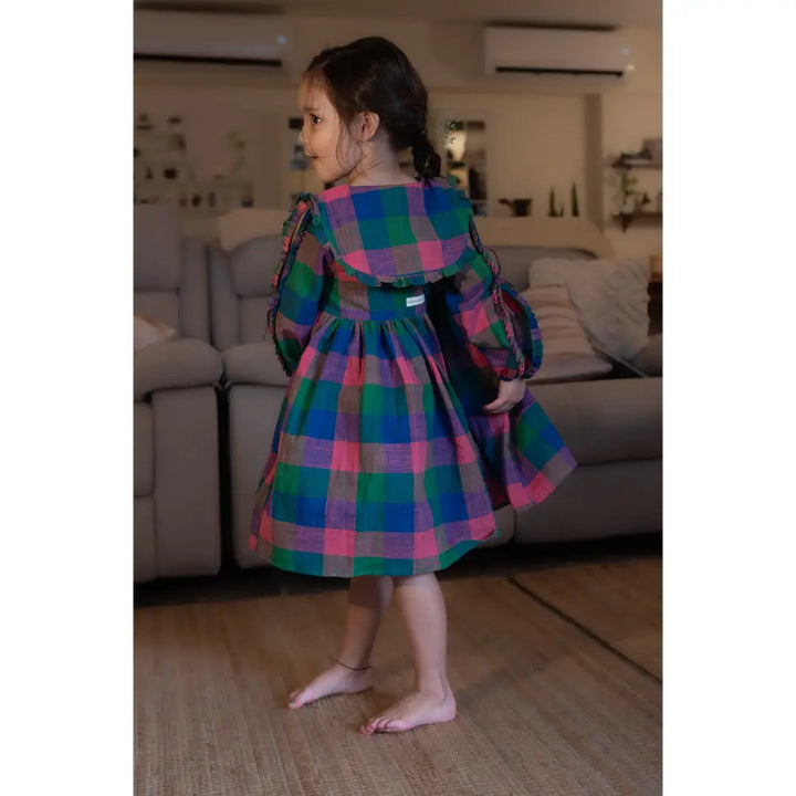 Love The World Today Spring Up Peter Pan Collar Dress In Handwoven Multi-Color Checks
