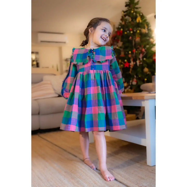 Love The World Today Spring Up Peter Pan Collar Dress In Handwoven Multi-Color Checks