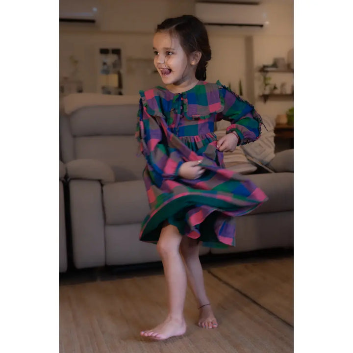 Love The World Today Spring Up Peter Pan Collar Dress In Handwoven Multi-Color Checks