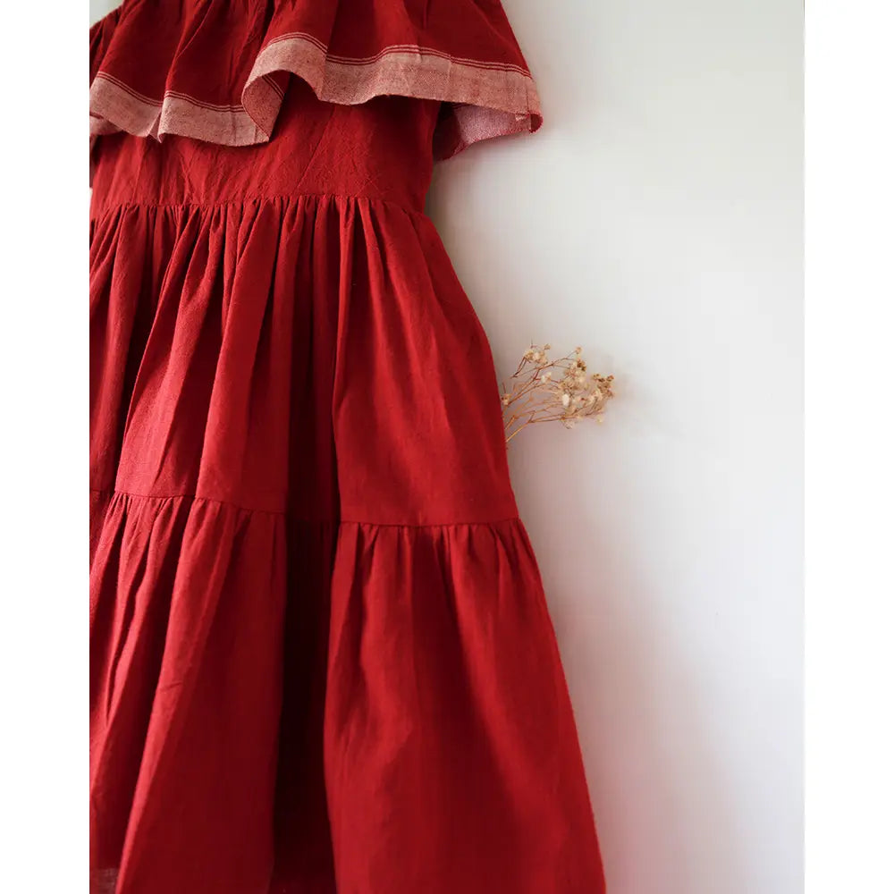 Love The World Today Fool’s Paradise Tiered Maxi Dress In Red Handwoven Cotton
