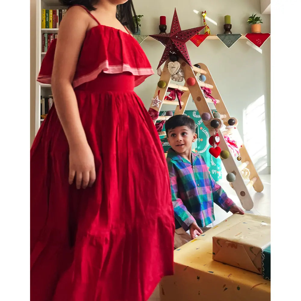 Love The World Today Fool’s Paradise Tiered Maxi Dress In Red Handwoven Cotton