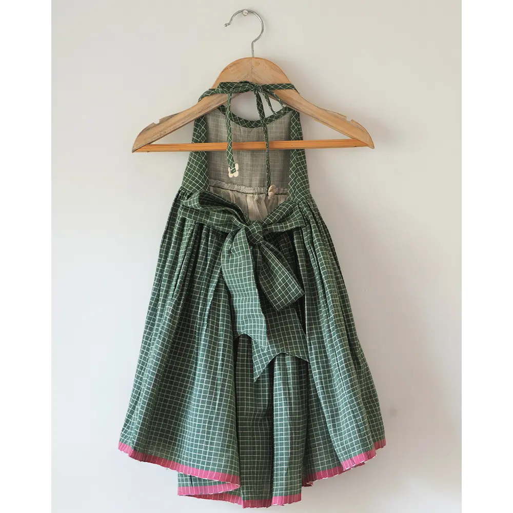 Love The World Today Bloom Handmade Green Checkered Halter Neck Girls Dress