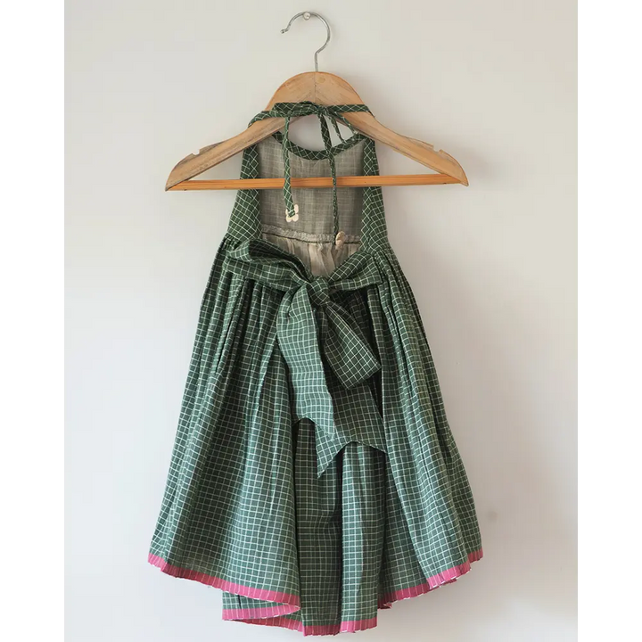 Love The World Today Bloom Handmade Green Checkered Halter Neck Girls Dress
