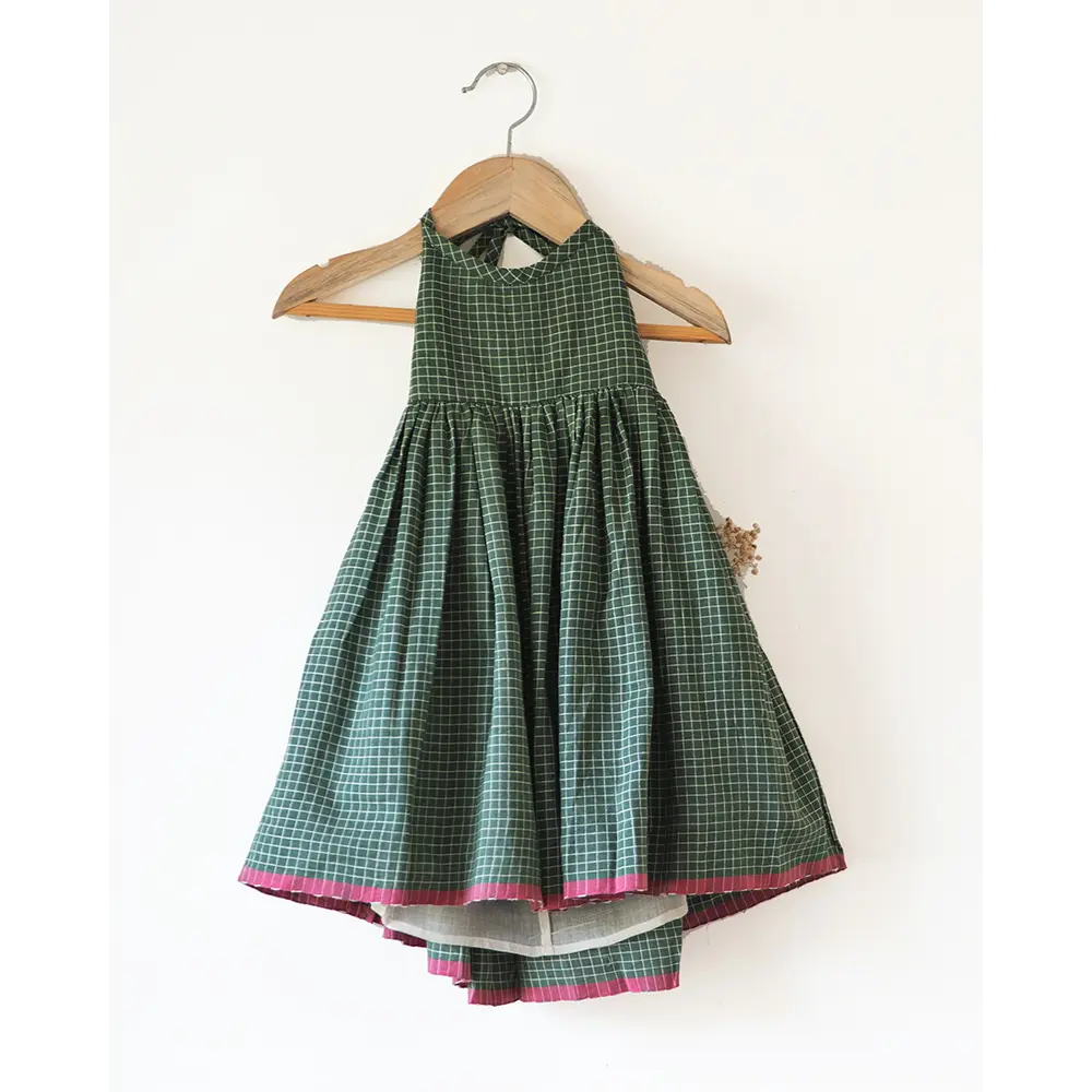 Love The World Today Bloom Handmade Green Checkered Halter Neck Girls Dress