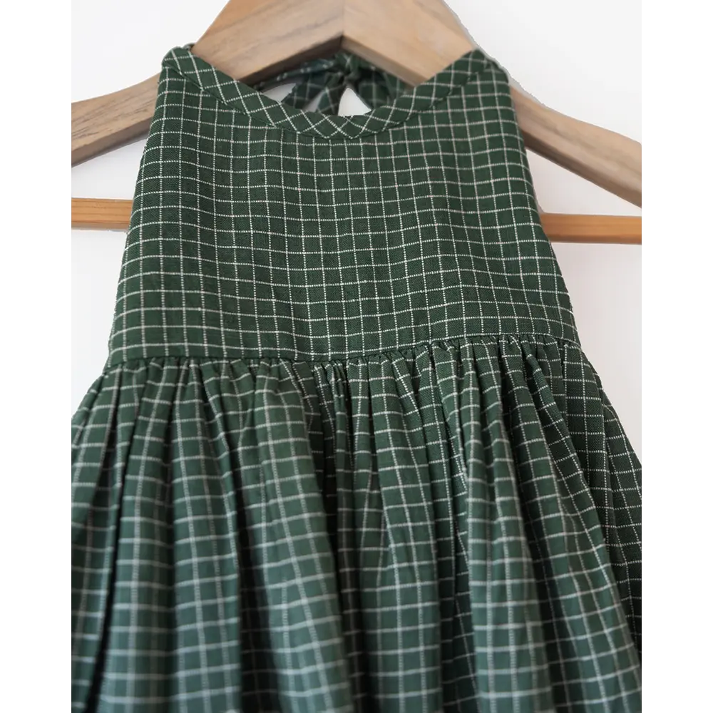 Love The World Today Bloom Handmade Green Checkered Halter Neck Girls Dress