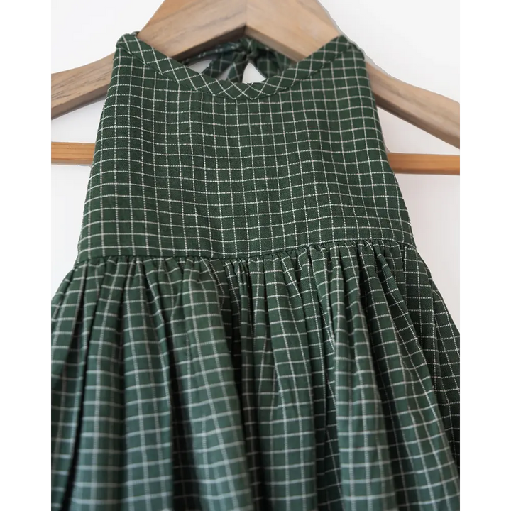 Love The World Today Bloom Handmade Green Checkered Halter Neck Girls Dress
