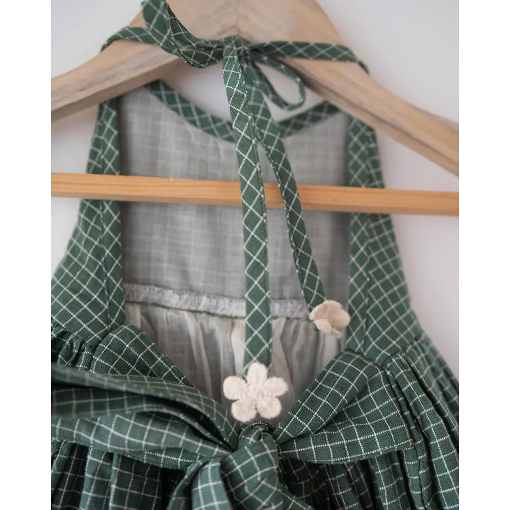Love The World Today Bloom Handmade Green Checkered Halter Neck Girls Dress